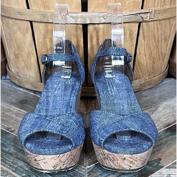 Toms Chambray Blue Platform Adjustable Cork Wedge Sandals Womens Size 7.5 - Picture 4 of 12